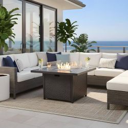 42'' Propane Aluminum w/ Rattan Fire Pit Dinning Table 50,000 BTU Outdoor Gas Fire Table GRY