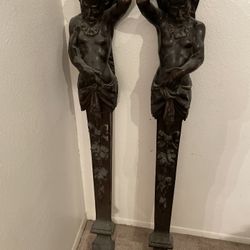 Twin late 19th century carved oak “Atlas” Newel Post Figures