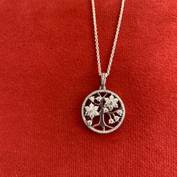 Clear Cz Tree Of Life Pendant Necklace In Sterling Silver 17.5” Adjustable Chain 