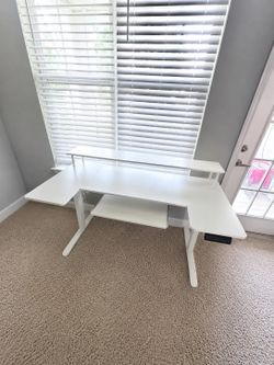 Modern White L-Shaped Computer Desk with Monitor Shelf