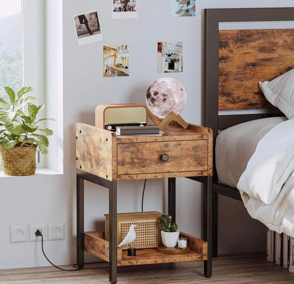 Nightstand, Bedside Table with Charging Station, Small End Table with Storage Drawer and Shelf for Bedroom and Living Room, Easy Assembly, Stable and