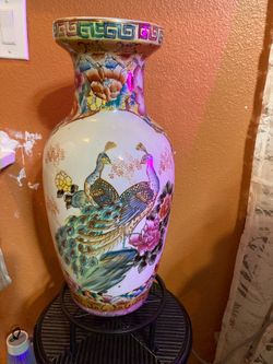 Asian Chinese 17”vase with peacock motif