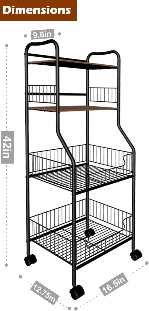Kitchen Baker’s Rack, 4-Tier Metal Storage Shelves Floor Standing Kitchen Rack Organizer with Rolling Wheels for Spice Jars, Pots and Pans, Mini Micro