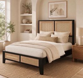 Full Size Rattan Bed Frame with Headboard, Boho Metal Platform Bed.