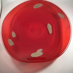 Bowl Deep Platter Red White Cased  Glass Hand Made Collectible