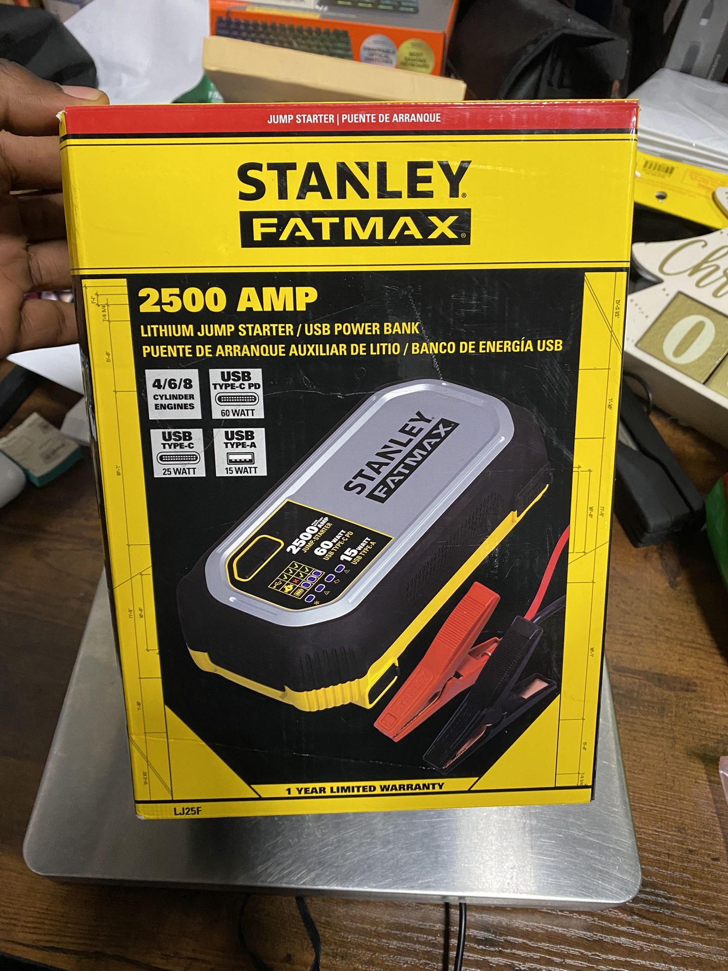 Lithium Jump Starter With 60W USB Type C-PD, 25W USB Type C-PD and 15W USB Type - A, Includes clamps