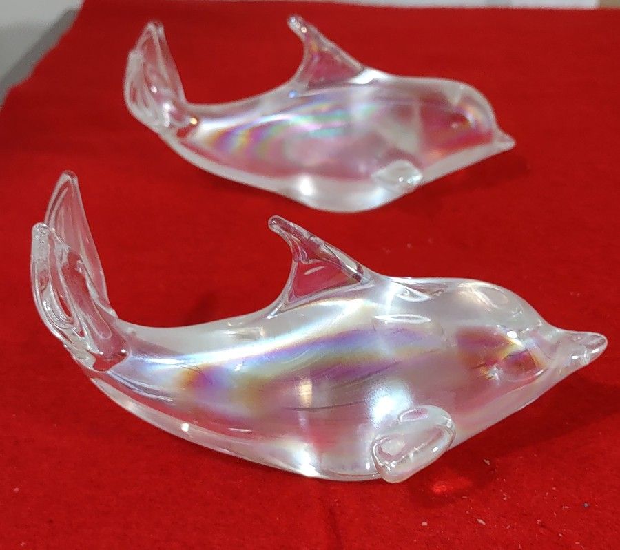 Two Iridescent Dolphins Art Glass Paperweights & Fish Paperweights / Office Gifts / Home Office Decor / Beach House Decor .