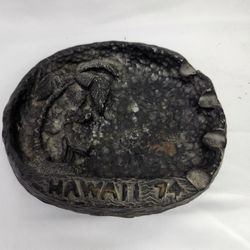 Vintage 1974 POLY-ART LTD. Handcrafted Hula Girl/ Palm Tree Lava Art Ash Tray. 