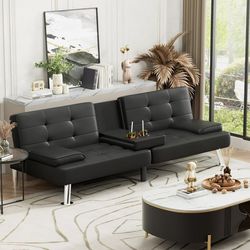 Faux Leather Upholstered Modern Convertible Folding Futon Sofa Bed with Removable Armrests, Adjustable Recliner Couch Bed Loveseat with 2 Cup Holders 
