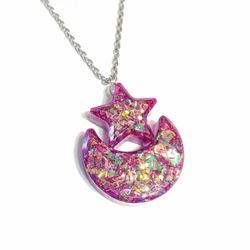 Sparkly Moon and star pendant purple with iridescent glitter on silver necklace new