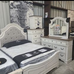 Realyn Chipped White Upholstered Panel Bedroom Set (Queen, king, twin, full bedroom set - bed frame- tall dresser, nightstand and chest, mattress opt 