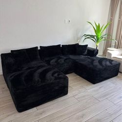 Midnight Black Cloud Corduroy Sectional — 5-Piece Modular Sofa (Brand New)