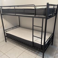 Twin bunk bed frame with one twin mattress. Contemporary Design Metal Bunk Bed with Solid Steel Construction