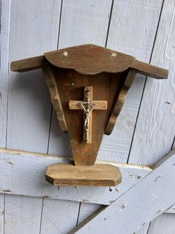 Vintage German Wooden Crucifix Wall Shelf / Shrine – 13”