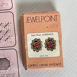 Vintage Needlepoint Clip on pair of Earrings Rose Flower, unused in original box