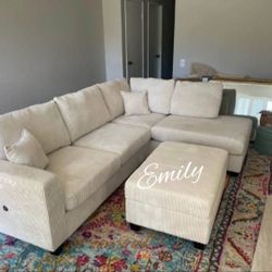 Gorgeous 3-Pc Ivory Corduroy Sectional Sofa With Storage Ottoman 