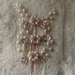 3 Large Goldtone Bridal Hair Pins With Pearls And Rhinestones 