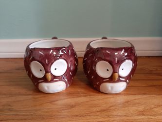 Pier 1 Imports~Burgundy Owl Earthenware Coffee Tea Mug/Cup Hand-Painted~Set of 2