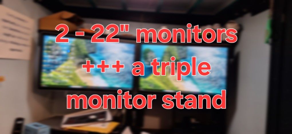 Two Dell 22-in Monitors And A Triple Monitor Stand