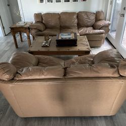 Leather Couch Set, Couch, Love Seat, Rustic Coffee Table And Matching End Table