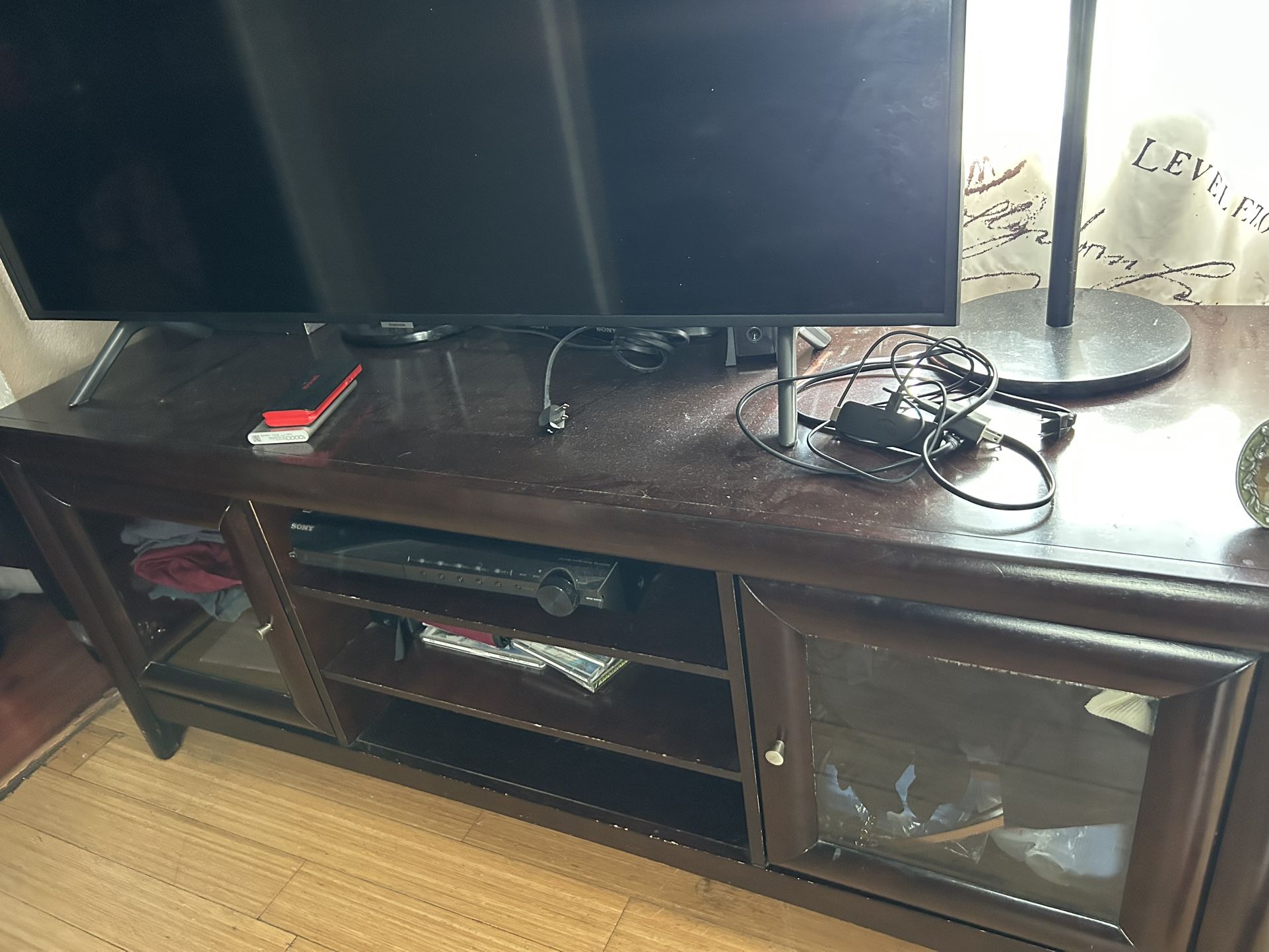 Dark Brown Wood TV Stand / – Glass Doors + Open Shelves.