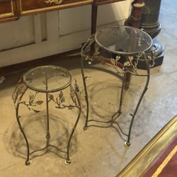 Set of 2 Small Wrought Iron Metal Leaves Patterned and Glass top Round Tables or Planters