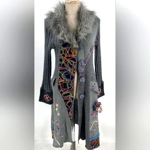 NEW Designer Papillon Gray Knit Woven Wool Fur Colorful Cardigan Jacket Coat M