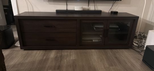 Dark Wood TV Stand with Glass Doors and Drawers