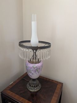 Vintage Floral Hurricane Table Lamp with Crystal Prisms – $225 OBO