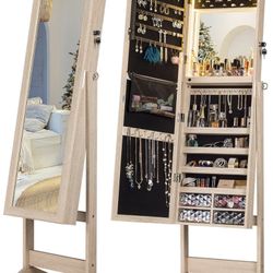 LUXFURNI LED Light Jewelry Cabinet Armoire, Standing Mirror Makeup Lockable Large Storage Organizer (Natural)