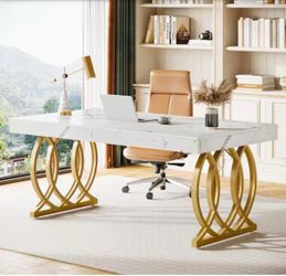 63 in. Rectangular White and Gold Wood Computer Desk with Metal Base, Modern Executive Office Desk Study Writing Table