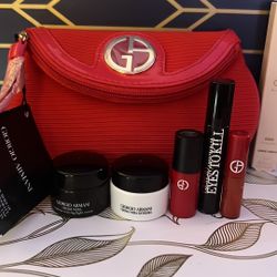 Luxury Giorgio Armani Skincare & Makeup Gift Set Bundle with Exclusive Red Pouch - Crema Nera Reviving Light Cream, Crema Nera Extrema, Eyes To Kill M