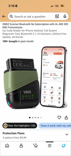 New OBD2 Scanner Bluetooth No Subscription with AI, ABS SRS ENG Transmission Car Code Reader for iPhone Android, Full System Diagnostic Tool, Bluetoot