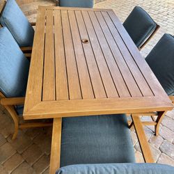 OUTDOR ALUMINUM 6 SEAT PATIO DINING SET BLUE WOOD LIKE FINISH