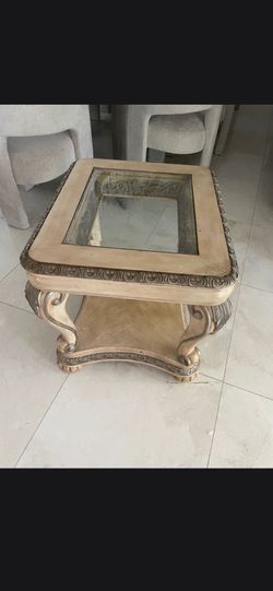 Ornate Carved Wood End Table with Glass Top – Traditional/Tuscan Style