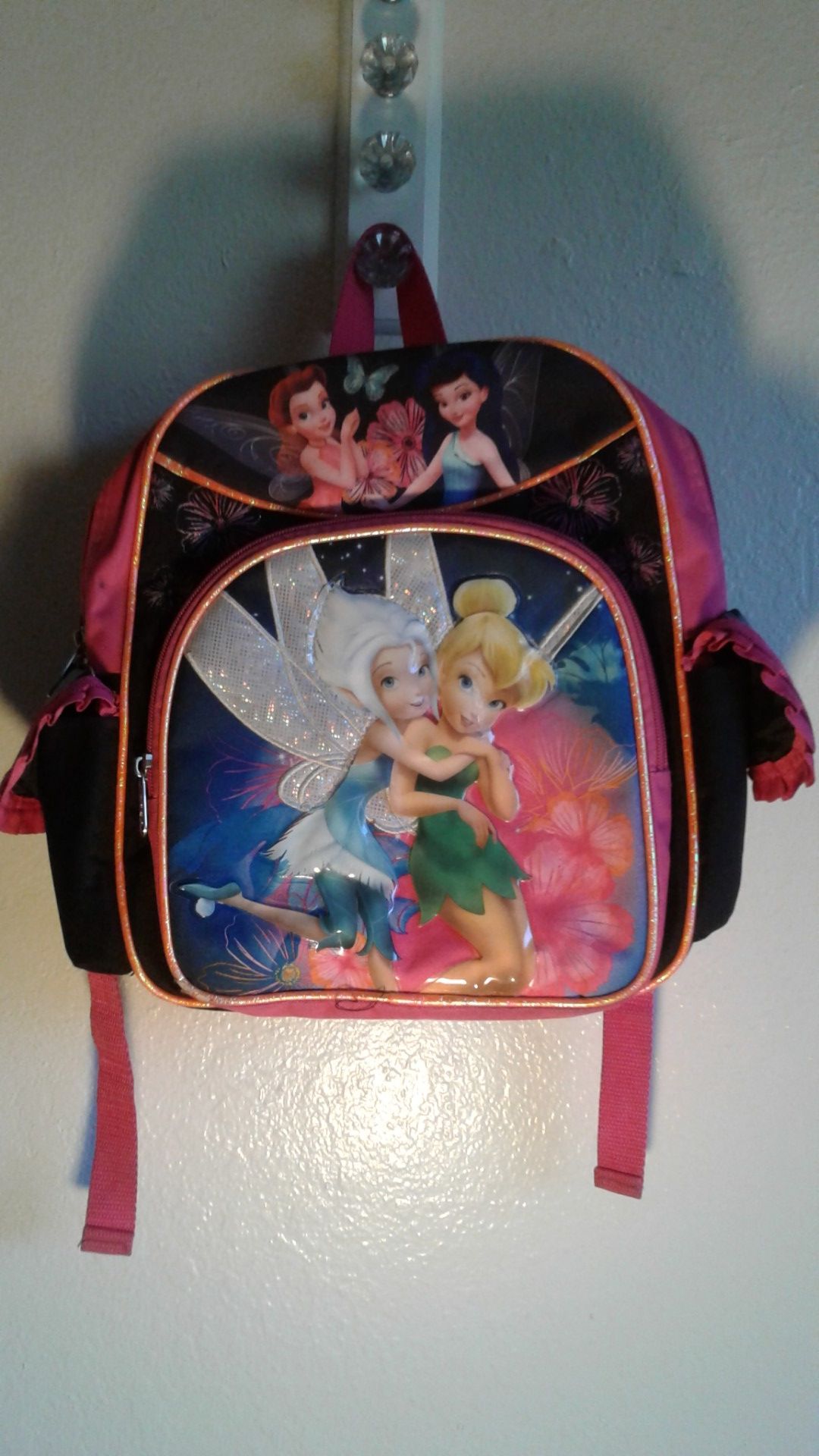 Tinkerbell Girls Backpack 2 side pockets 1 center 1 front pockets