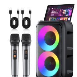 Karaoke Machine for Adults Kids, Portable Bluetooth Speaker with 2 Wireless Microphones, TWS Mode & LED Light, 10H Battery PA System Stage Monitors,Pe