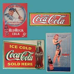 Vintage 1990s Porcelain & Metal Soda Advert Signs Lot of 4 Coca-Cola & Red Rock