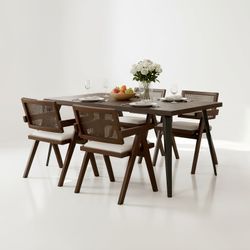 Homy Casa Stan 5PC Dining Set 63” Clear Glass Table with 4 Xuzids Mid-Century Rattan Back Chairs