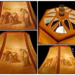VINTAGE VICTORIAN REVERSE PAINTED LITHOPHANE COLONIAL FARM COLOR ILLUMINATED LAMP SHADE