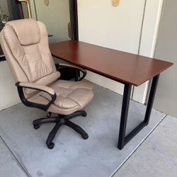 New In Box 55x24x30 Inch Tall Office Computer Desk Table With Khaki Color PU Leather Chair Combo Set 