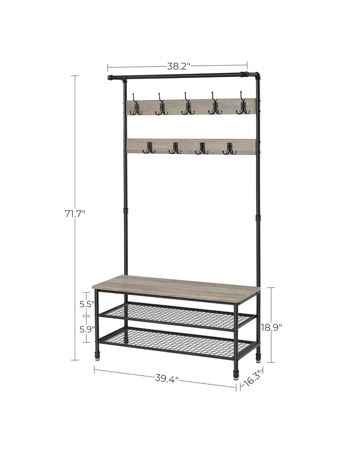 Coat Shoe Rack Hall Tree with 9 Hooks, Steel Frame Pipe Style, 39.4", Greige