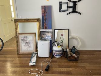 Mirror, pictures, tiles cutter, dehumidifier, gas hose and bottle, weed stop, masking papers , and more