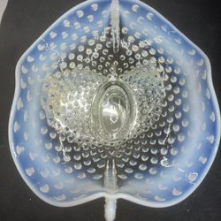 VTG FENTON Art Glass French Opalescent Hobnail Bonbon CANDY DISH W Handle 9”x7”