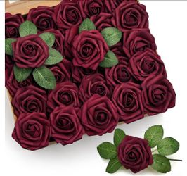50Pcs Burgundy Roses Artificial Flowers