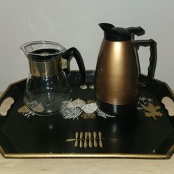 Glass Coffee Pot with Carafe on Metal Leaf Themed Black and Gold Serving Tray