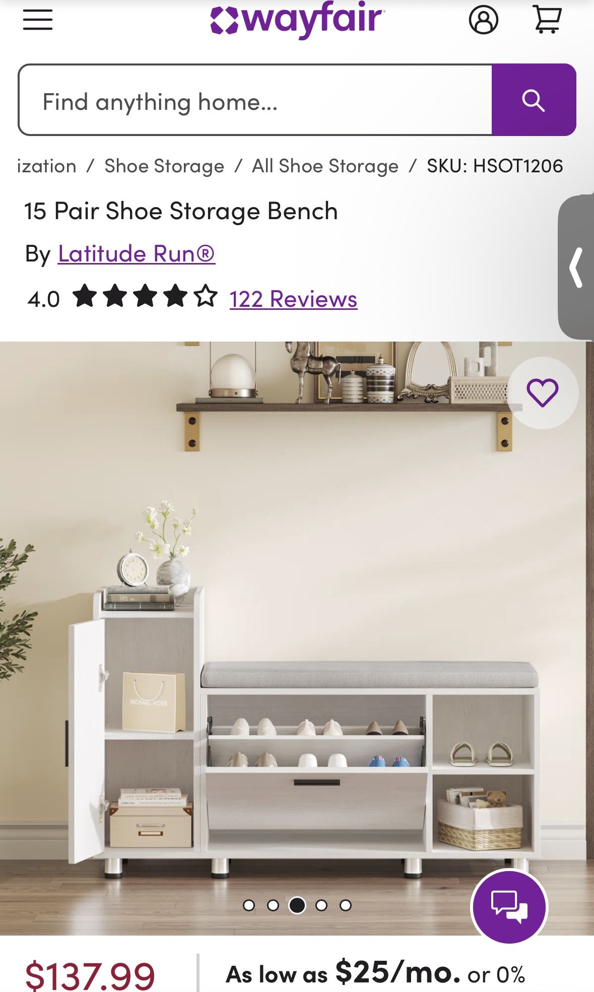 Wayfair Entrance Bench With Shoe Cabinet/Storage (15 Pair) - White/Gray
