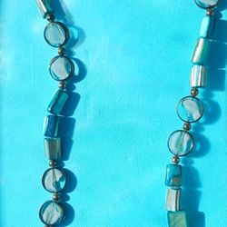 Turquoise Mother Of Pearl Geometric Shaped Silver 18" Necklace.