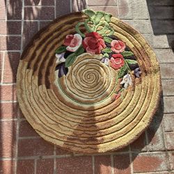 Vintage Hand crafted Floral Spiral Rug Cottagecore Boho Earth Tones Round 32” Accent Bedside Entryway Wool 