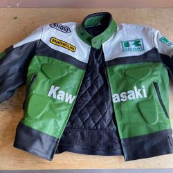 Small Red & Green Leather Kawasaki Motorcycle Jacket (trying to sell ASAP)